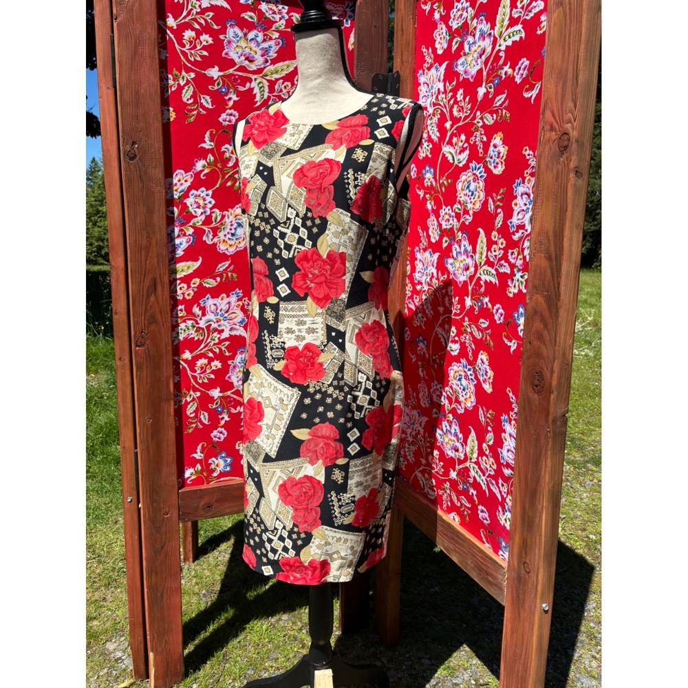 100% Silk Vintage Red Black Patchwork Print Boho Chic Euro Summer Dress Size S-M